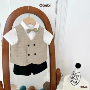 SB44 – Set Bộ Cộc Tay Mùa Hè Thanh Lịch Cho Bé Trai Đi Chơi Dự Tiệc Bộ Sơ Mi Phối Ghile Kẻ Kèm Nơ Cổ Obebi