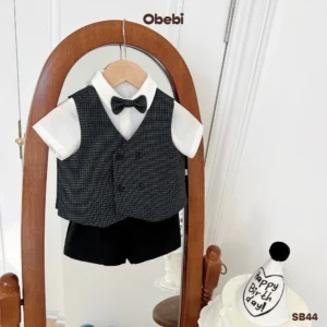 SB44 – Set Bộ Cộc Tay Mùa Hè Thanh Lịch Cho Bé Trai Đi Chơi Dự Tiệc Bộ Sơ Mi Phối Ghile Kẻ Kèm Nơ Cổ Obebi
