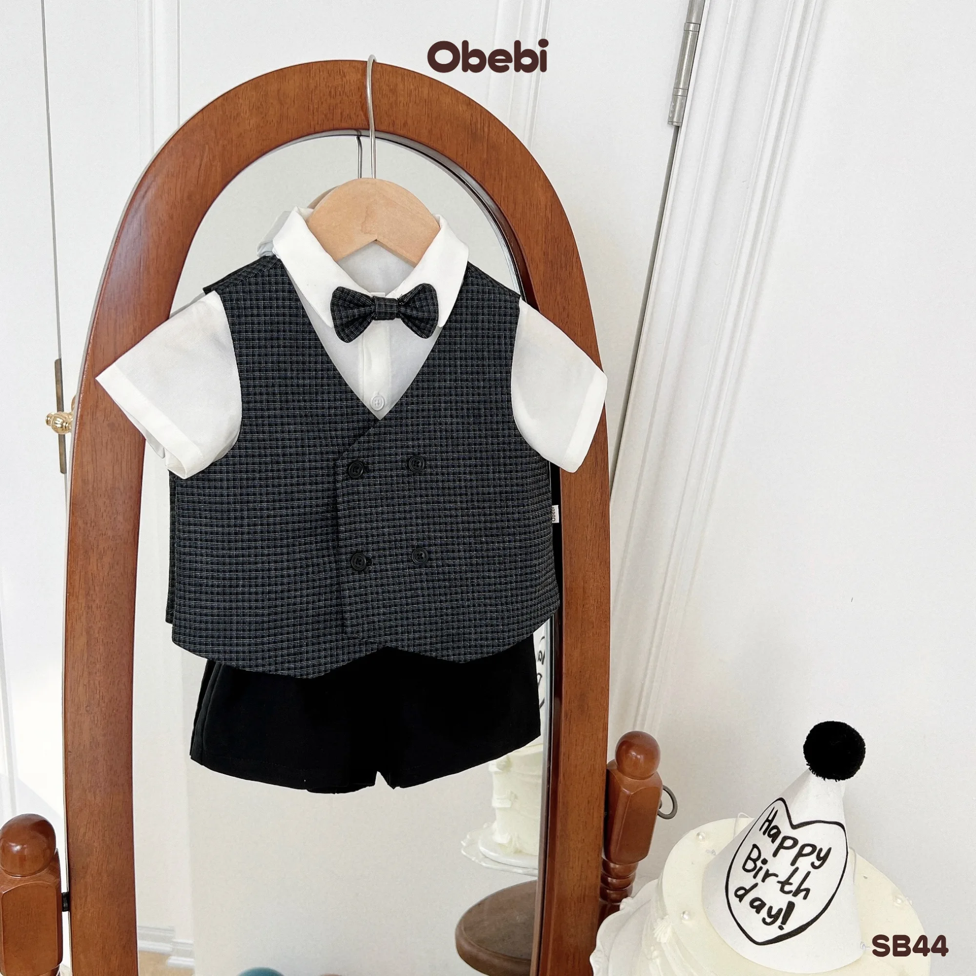 SB44 – Set Bộ Cộc Tay Mùa Hè Thanh Lịch Cho Bé Trai Đi Chơi Dự Tiệc Bộ Sơ Mi Phối Ghile Kẻ Kèm Nơ Cổ Obebi