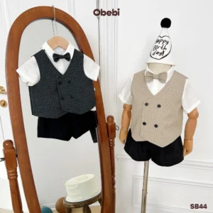 SB44 – Set Bộ Cộc Tay Mùa Hè Thanh Lịch Cho Bé Trai Đi Chơi Dự Tiệc Bộ Sơ Mi Phối Ghile Kẻ Kèm Nơ Cổ Obebi