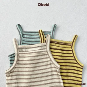 BC340 – Bộ cộc hai dây bé gái họa mùa hè tiết kẻ Obebi