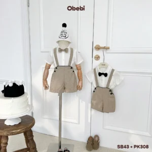 SB43 – Set Bộ Cộc Tay Mùa Hè Thanh Lịch Cho Bé Trai Đi Chơi Dự Tiệc Áo Sơ Mi Phối Quần Yếm Kẻ Obebi