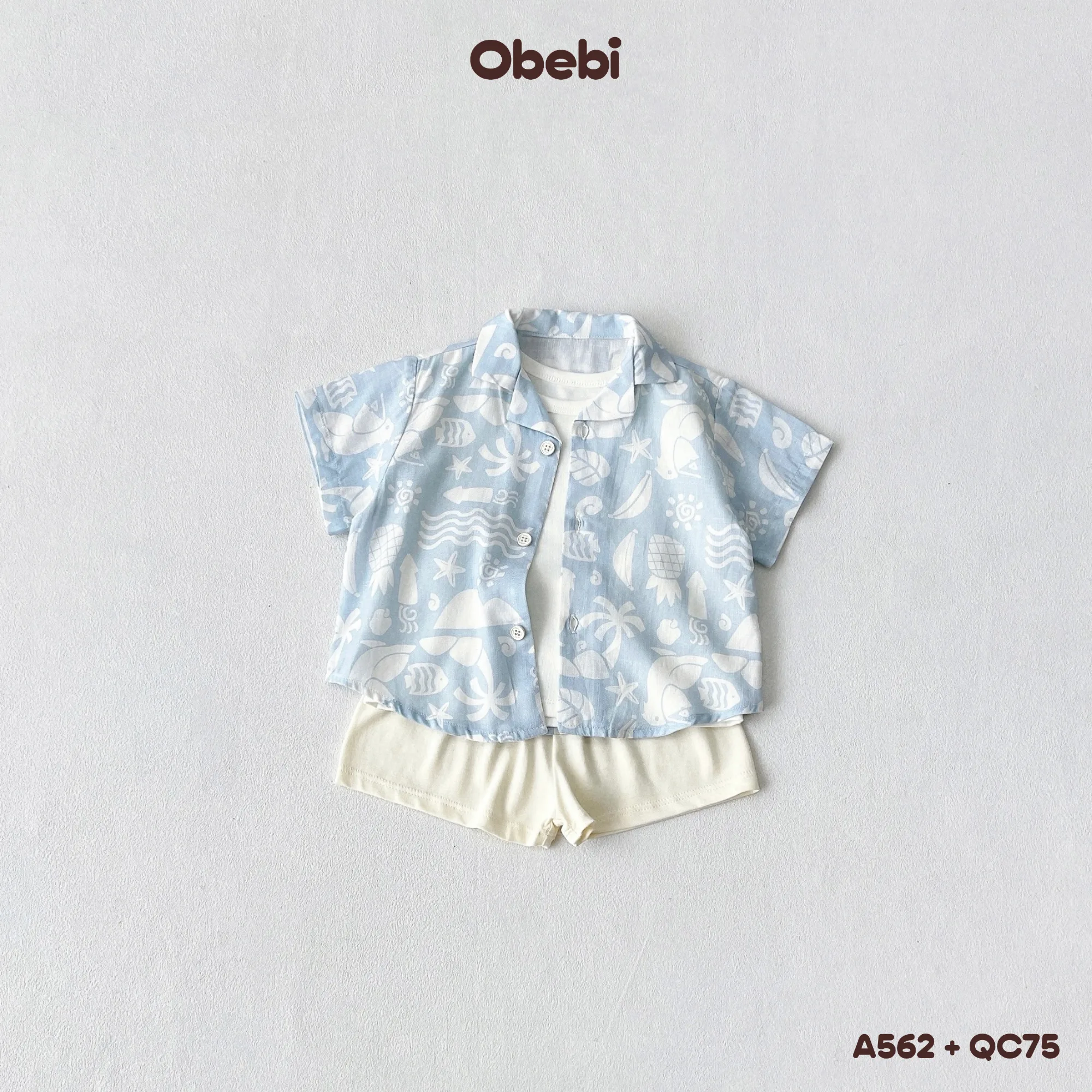 A562 – Áo sơ mi linen mùa hè in họa tiết đi biển Obebi