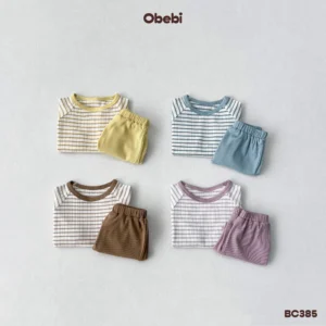 BC385 – Bộ cộc trẻ em mùa hè áo kẻ ngang tay rơi Obebi