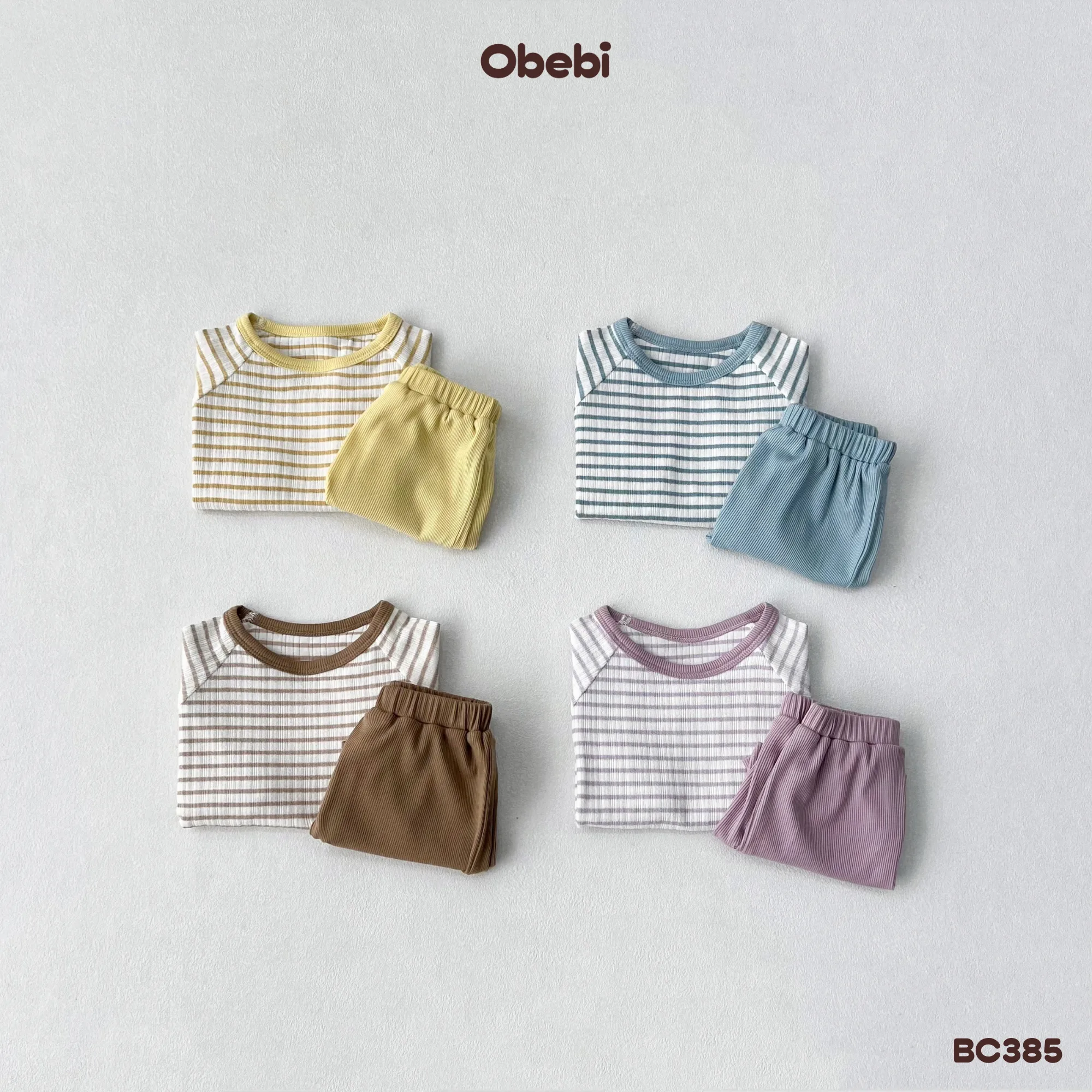 BC385 – Bộ cộc trẻ em mùa hè áo kẻ ngang tay rơi Obebi