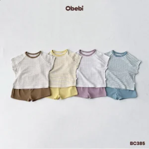 BC385 – Bộ cộc trẻ em mùa hè áo kẻ ngang tay rơi Obebi