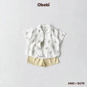 A562 – Áo sơ mi linen mùa hè in họa tiết đi biển Obebi