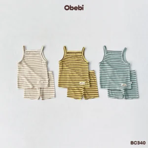 BC340 – Bộ cộc hai dây bé gái họa mùa hè tiết kẻ Obebi
