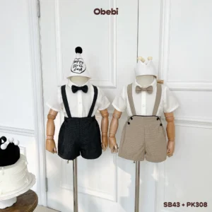 SB43 – Set Bộ Cộc Tay Mùa Hè Thanh Lịch Cho Bé Trai Đi Chơi Dự Tiệc Áo Sơ Mi Phối Quần Yếm Kẻ Obebi