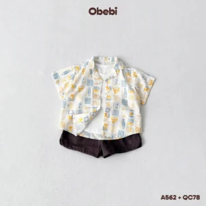 A562 – Áo sơ mi linen mùa hè in họa tiết đi biển Obebi