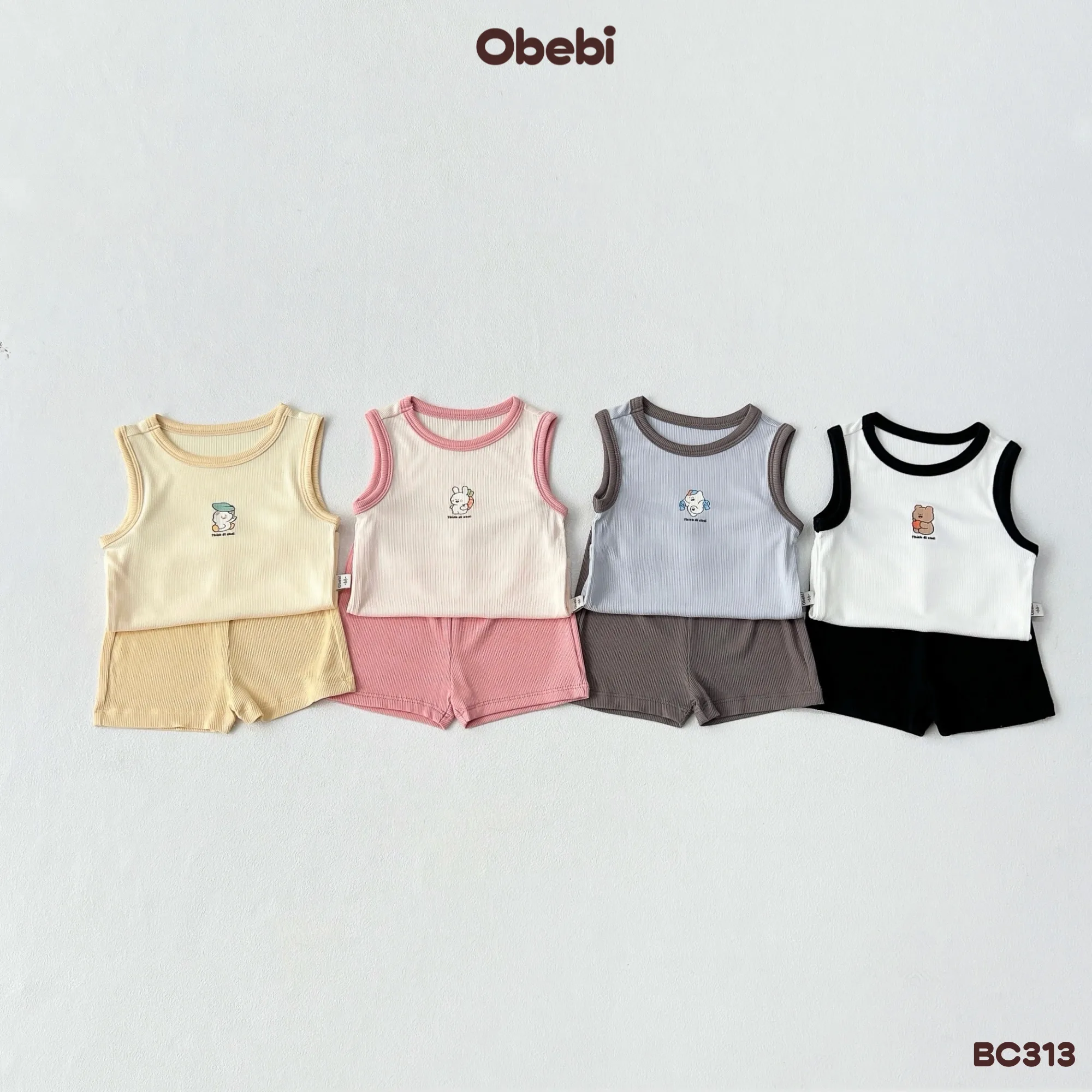 BC313 – Bộ ba lỗ phối màu, vải gân sợi tre Obebi