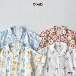 A562 – Áo sơ mi linen mùa hè in họa tiết đi biển Obebi