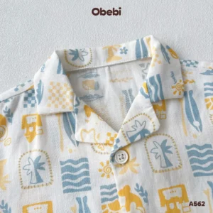 A562 – Áo sơ mi linen mùa hè in họa tiết đi biển Obebi