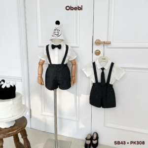 SB43 – Set Bộ Cộc Tay Mùa Hè Thanh Lịch Cho Bé Trai Đi Chơi Dự Tiệc Áo Sơ Mi Phối Quần Yếm Kẻ Obebi