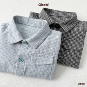 A595 – Áo Sơ Mi Dài Tay Trẻ Em Thu Đông Họa Tiết Kẻ Có Túi Obebi