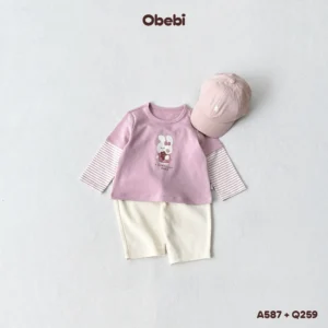 A587 – Áo Thun Phối Kẻ Dài Tay Trẻ Em Hình In Nhân Vật Thương Hiệu Obebi