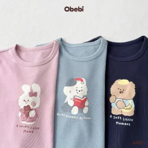 A587 – Áo Thun Phối Kẻ Dài Tay Trẻ Em Hình In Nhân Vật Thương Hiệu Obebi