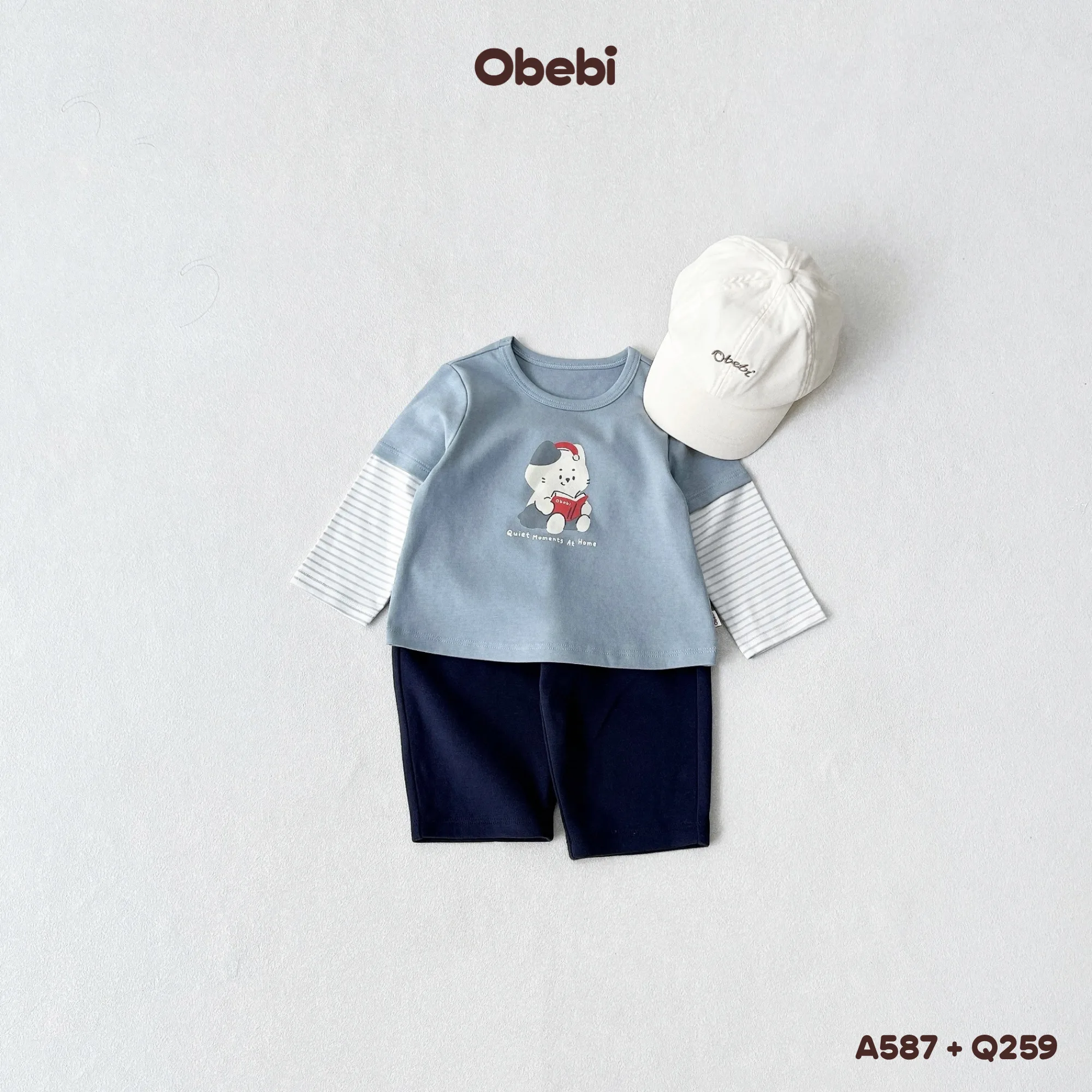 A587 – Áo Thun Phối Kẻ Dài Tay Trẻ Em Hình In Nhân Vật Thương Hiệu Obebi