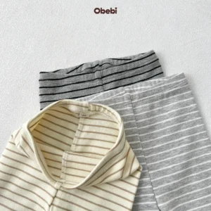 Q264 – Quần Legging Trẻ Em Thu Đông Kẻ Ngang Phối Gấu Vải Gân Obebi