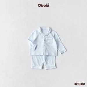 BMN251 – Bộ Pyjama Trẻ Em Thu Đông Gân Sọc Mềm Mại Thêu Túi Obebi