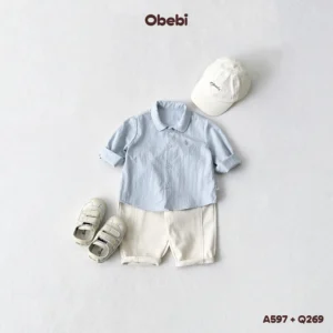 A597 – Áo Sơ Mi Dài Tay Cổ Không Chân Thêu Con Thỏ Thương Hiệu Obebi