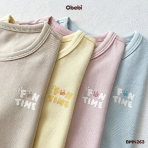 BMN263 – Bộ Mặc Nhà Trẻ Em Thu Đông Viền Gấu Bo Cong Hình In Nhỏ Dễ Thương Obebi