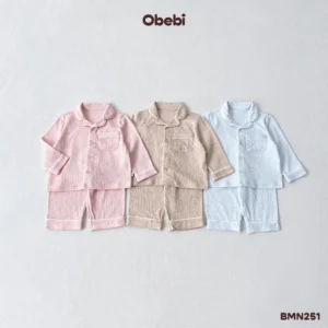 BMN251 – Bộ Pyjama Trẻ Em Thu Đông Gân Sọc Mềm Mại Thêu Túi Obebi