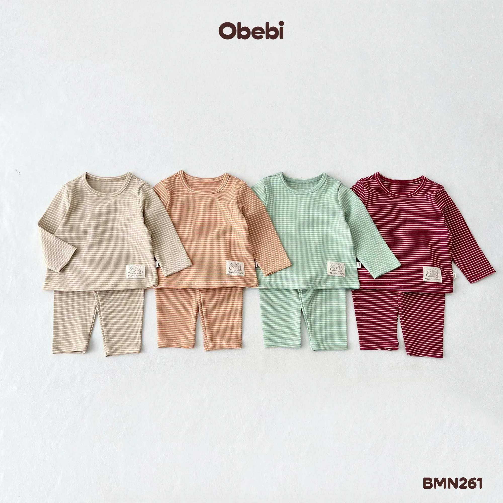 BMN261 – Bộ Mặc Nhà Trẻ Em Thu Đông Gân Kẻ Co Giãn Có Mác In Gấu Áo Obebi