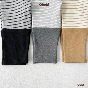 Q264 – Quần Legging Trẻ Em Thu Đông Kẻ Ngang Phối Gấu Vải Gân Obebi