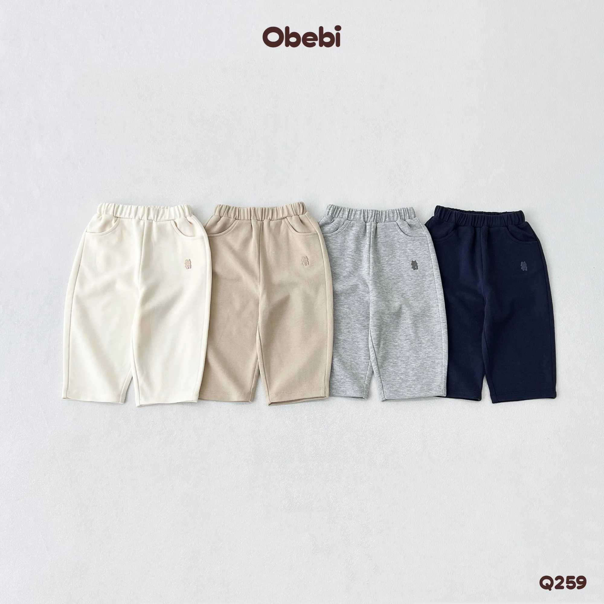 Q259 – Quần Nỉ Dài Phom Baggy Trẻ Em Hình Thêu Con Gấu Thương Hiệu Obebi