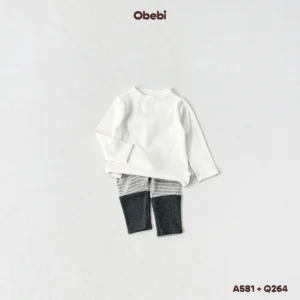 Q264 – Quần Legging Trẻ Em Thu Đông Kẻ Ngang Phối Gấu Vải Gân Obebi
