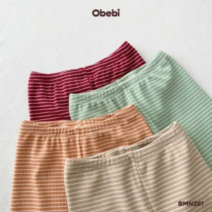 BMN261 – Bộ Mặc Nhà Trẻ Em Thu Đông Gân Kẻ Co Giãn Có Mác In Gấu Áo Obebi