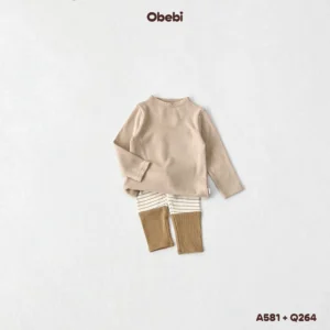 Q264 – Quần Legging Trẻ Em Thu Đông Kẻ Ngang Phối Gấu Vải Gân Obebi