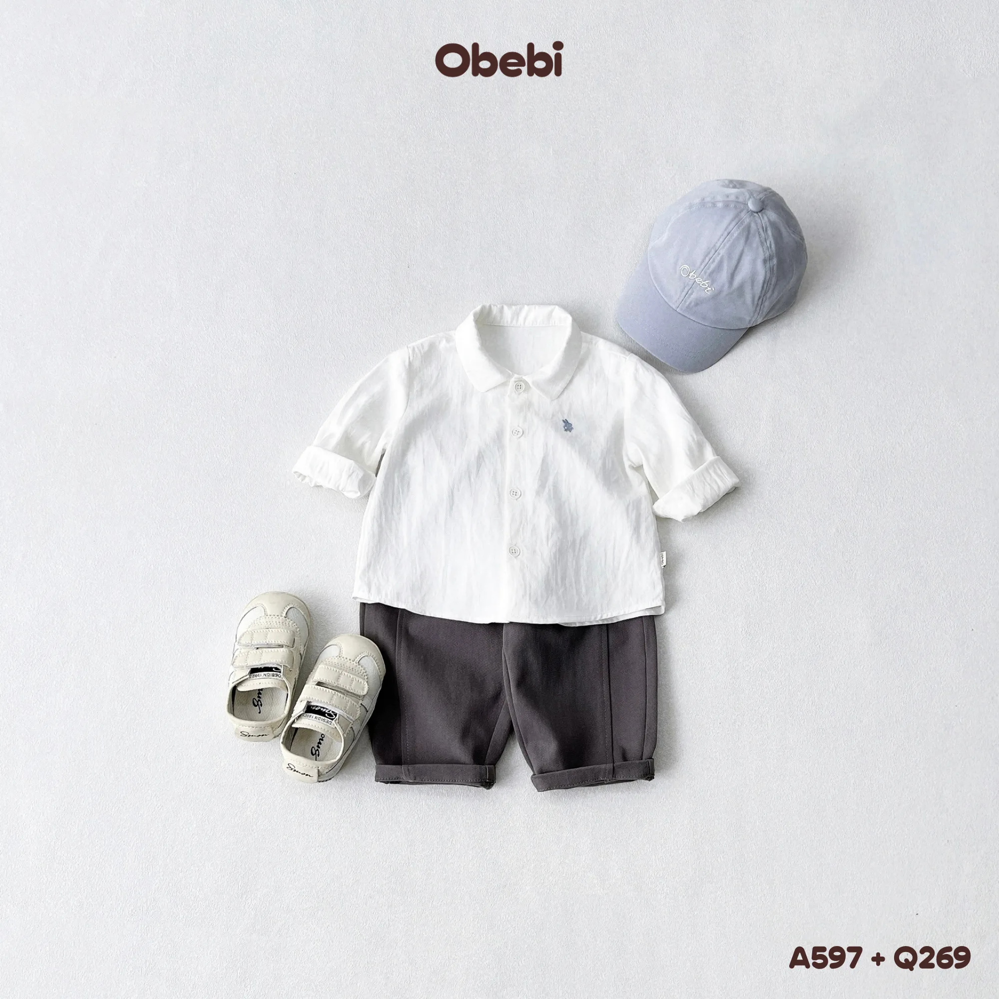 A597 – Áo Sơ Mi Dài Tay Cổ Không Chân Thêu Con Thỏ Thương Hiệu Obebi