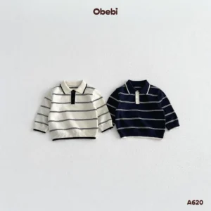 A620-Áo len chui đầu trẻ em thu đông cổ polo họa tiết kẻ ngang Obebi