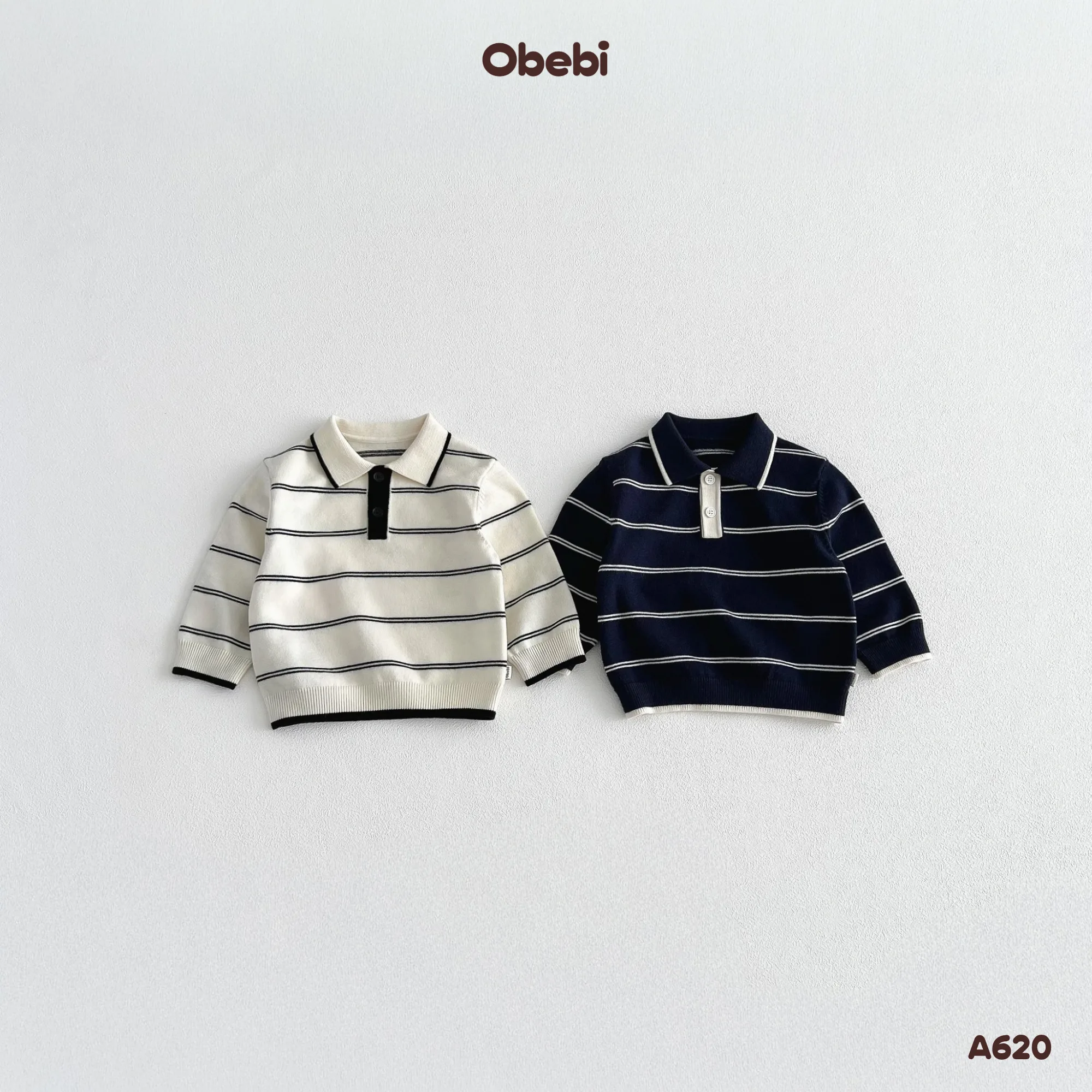 A620-Áo len chui đầu trẻ em thu đông cổ polo họa tiết kẻ ngang Obebi