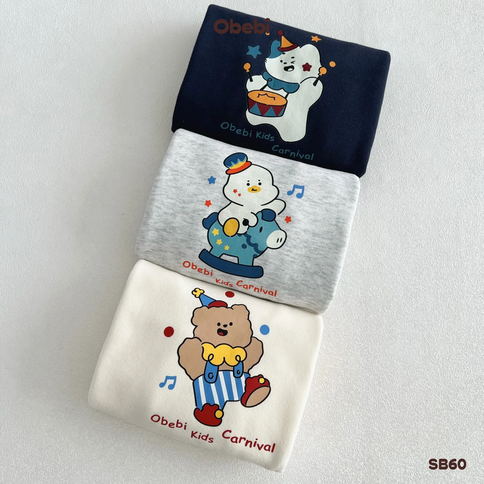 SB60 – Bộ nỉ trẻ em thu đông phối cổ hình in nhân vật thương hiệu Obebi