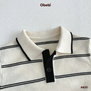 A620-Áo len chui đầu trẻ em thu đông cổ polo họa tiết kẻ ngang Obebi