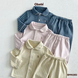 BMN282-Bộ pyjama trẻ em thu đông kẻ caro Obebi