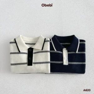 A620-Áo len chui đầu trẻ em thu đông cổ polo họa tiết kẻ ngang Obebi