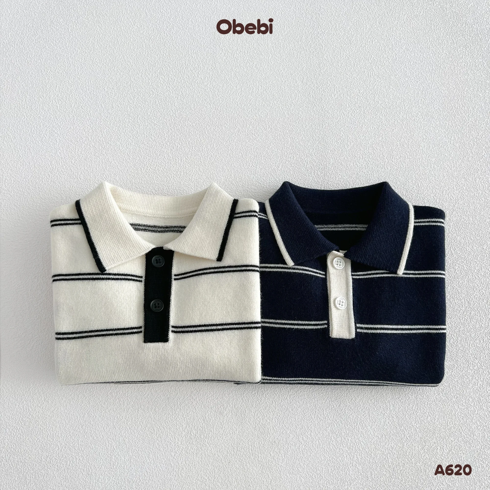 A620-Áo len chui đầu trẻ em thu đông cổ polo họa tiết kẻ ngang Obebi