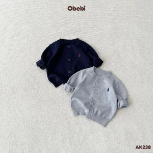AK238 – Áo Khoác Dệt Len Trơn Trẻ Em Thu Đông Thêu Thỏ Thương Hiệu Obebi