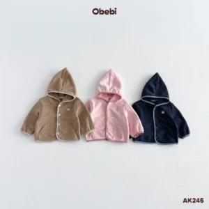 AK245-Áo khoác trẻ em thu đông vải lông mềm hình thêu nhân vật xiếc Obebi