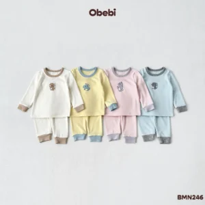 BMN246 – Bộ Mặc Nhà Trẻ Em Thu Đông Vải Mềm Mịn Hình In Khủng Long Đặc Sắc Obebi