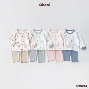 BMN244 – Bộ Mặc Nhà Trẻ Em Thu Đông Phối Màu Họa Tiết Kẻ Obebi
