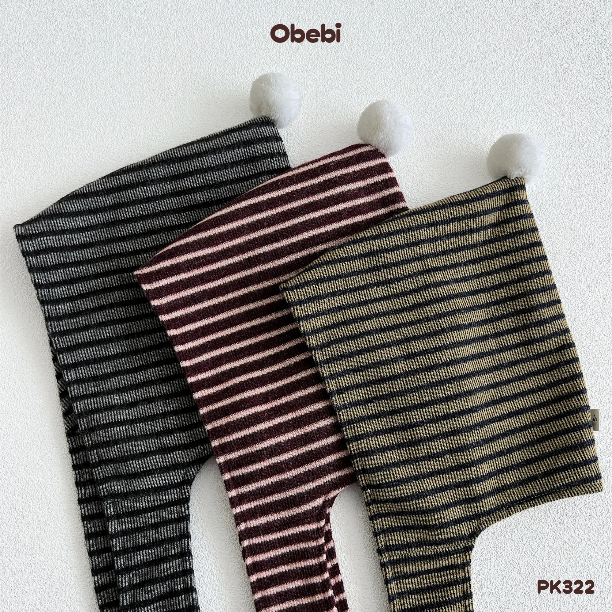 PK322-Mũ trẻ em thu đông vải kẻ đính pompom dễ thương Obebi