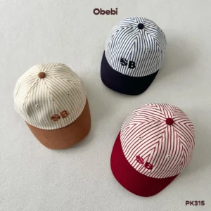PK315 – Mũ Lưỡi Trai Kẻ Trẻ Em Thu Đông Phối Màu Thêu Chữ Obebi