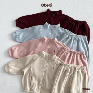 SB64-Bộ nỉ trẻ em thu đông áo kéo khóa quần suông Obebi