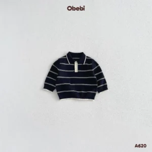 A620-Áo len chui đầu trẻ em thu đông cổ polo họa tiết kẻ ngang Obebi