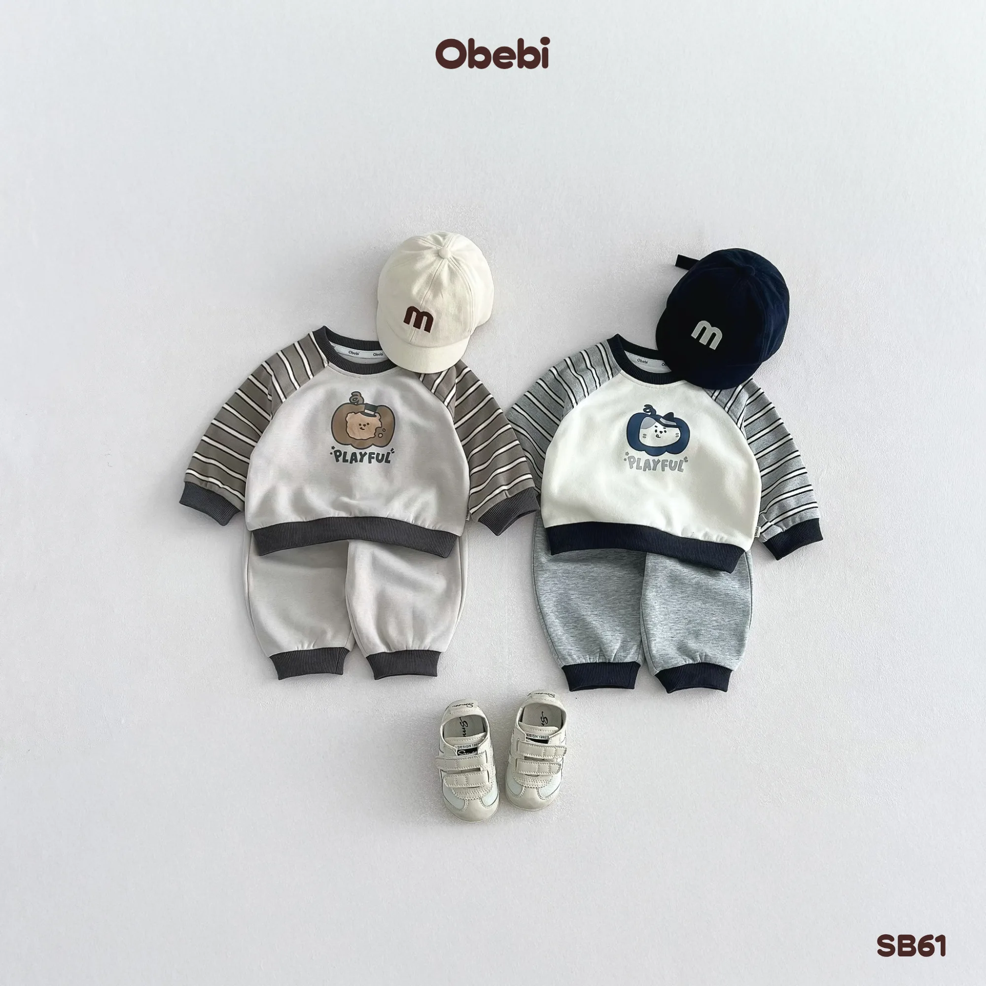 SB61 – Bộ Nỉ Trẻ Em Thu Đông Phối Tay Kẻ Hình In Bí Ngô Obebi